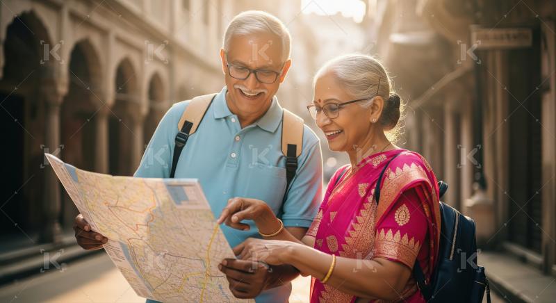 Happy Indian Senior Couple Exploring City with Map