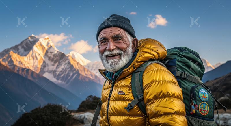Happy senior hiker with backpack in majestic mountains