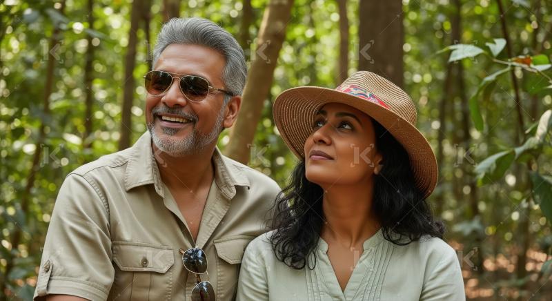 Happy Indian couple enjoying nature in a lush forest