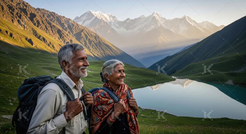 Joyful elderly Indian couple trekking in majestic mountains with