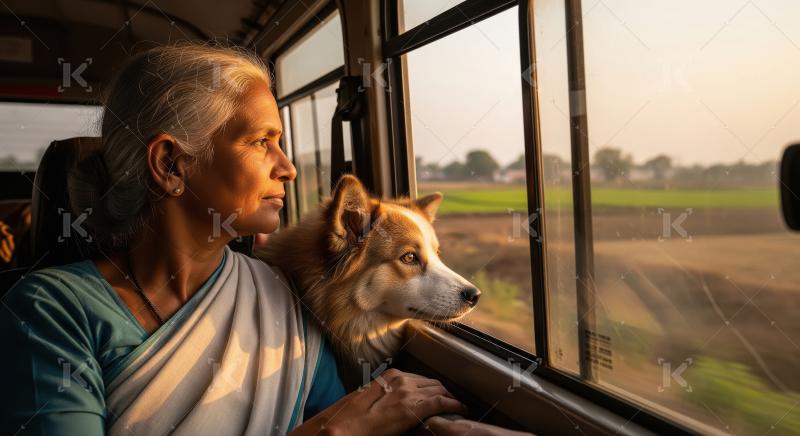 Woman and dog enjoy serene bus journey at golden hour