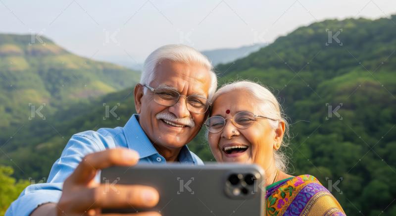 Joyful Indian Senior Couple Taking Selfie in Mountains