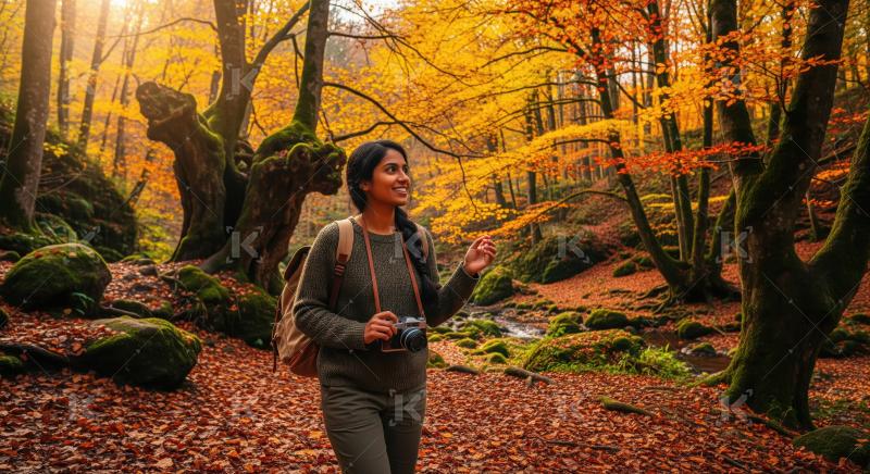 Woman exploring vibrant autumn forest with camera.