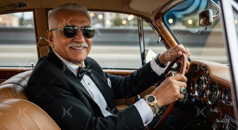 Distinguished Gentleman in Tuxedo Drives Vintage Luxury Car