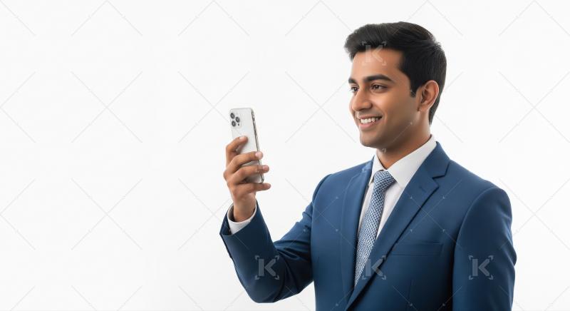 Young professional man smiling and using smartphone