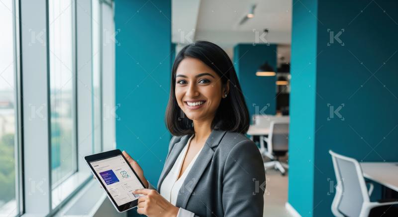 Smiling Indian Businesswoman Holds Tablet in Modern Office