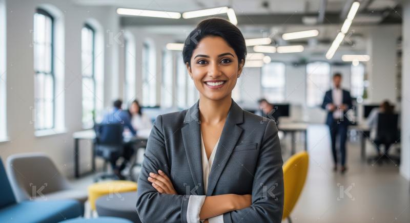 Confident Indian businesswoman smiling in a bright modern office