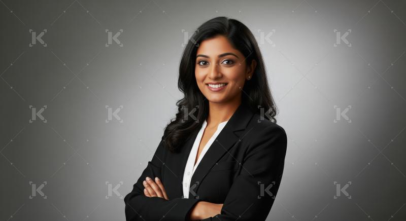Confident Young Indian Businesswoman Smiling in Professional Stu