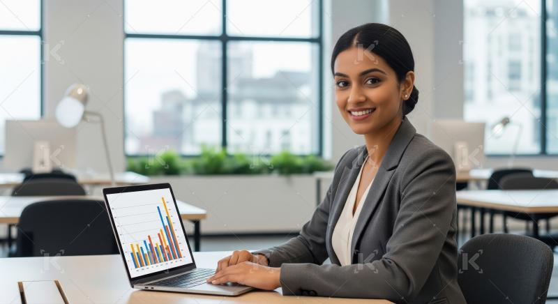 Smiling Indian businesswoman analyzing data on laptop in modern