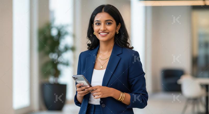 Confident South Asian businesswoman smiles while using smartphon