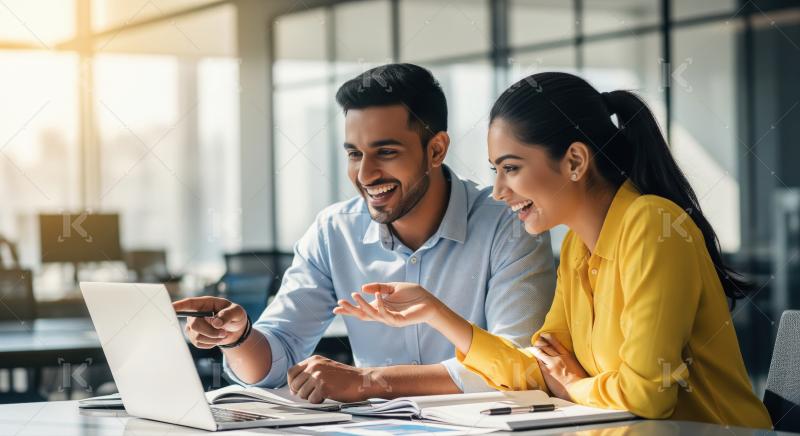 Happy diverse business colleagues collaborating on a laptop in m