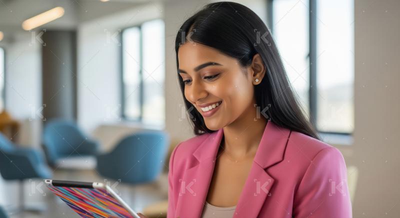 Happy Young Indian Woman Engaged with Tablet in Modern Office