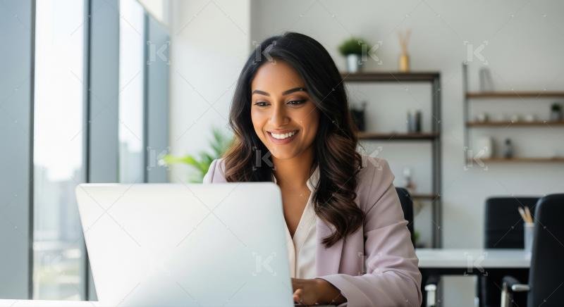 Happy Indian Businesswoman Engaged with Laptop in a Modern Offic