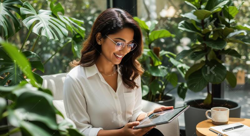 Happy Woman Working on Tablet in Green Office Space