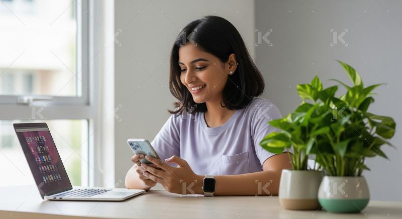Young woman happily using smartphone at her modern workspace