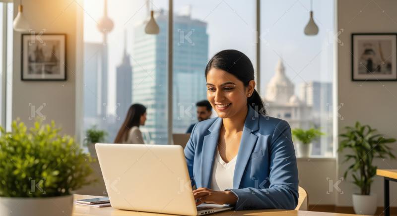Smiling Indian businesswoman working on laptop in modern office.