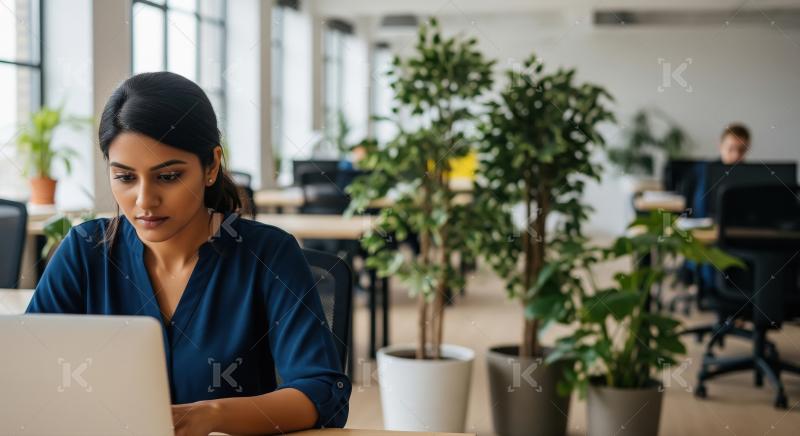 Young professional woman working focused on laptop in modern off
