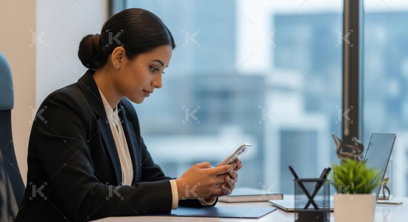 Professional Woman Engaged with Smartphone at Modern Office Desk