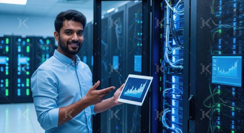 Smiling IT Engineer Manages Data Center with Tablet