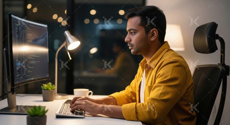 Young Indian Programmer Coding Late Night at Modern Office Desk