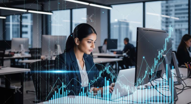 Young Businesswoman Analyzing Financial Data in Modern Office wi