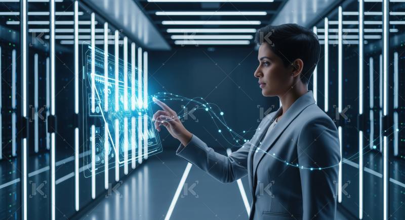 Businesswoman Manages Data Through Advanced Holographic Interfac