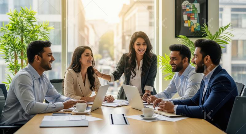 Happy diverse business team collaborating successfully in modern