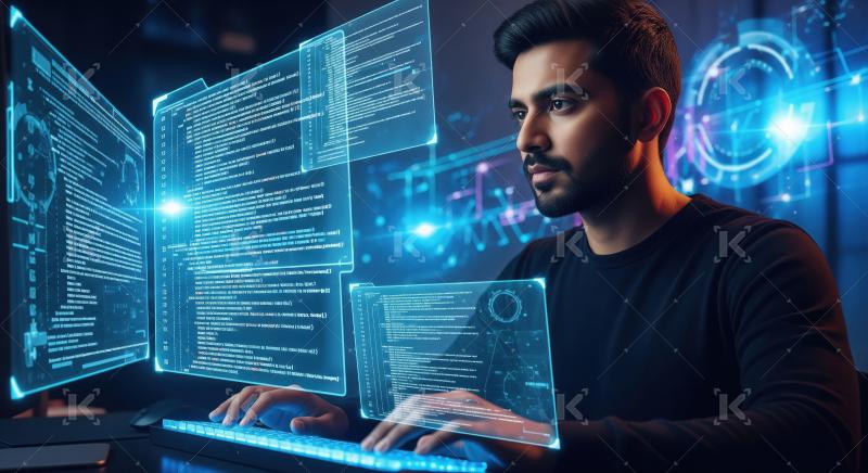 Man coding on futuristic holographic screens with digital interf