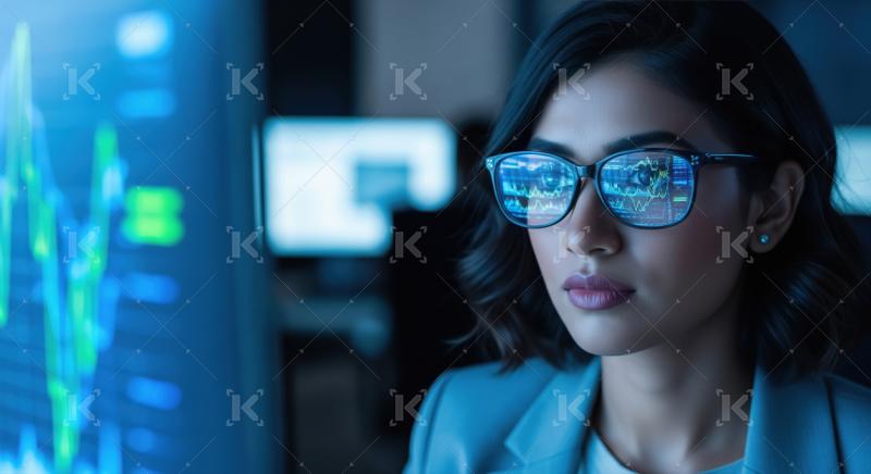Focused Woman Analyzing Financial Data on Screen Through Glasses