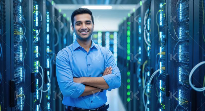 Confident IT Engineer Smiling in a Modern Data Center