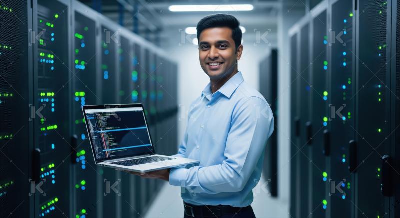 IT Engineer Smiling in Data Center with Laptop
