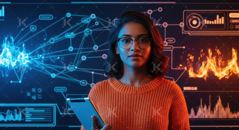 Young woman navigates futuristic data interface with tablet