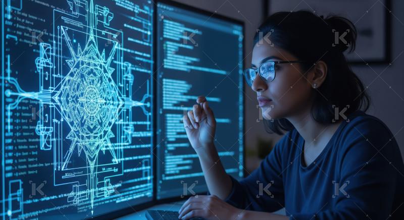 Female Programmer Developing Software on Glowing Dual Monitors a