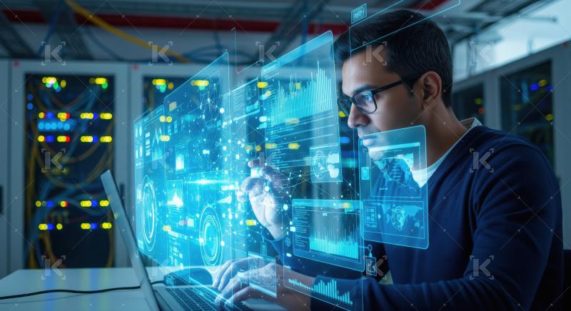 IT Expert Interacting with Futuristic Holographic Data Interface