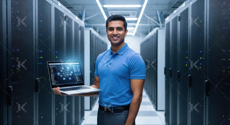 Smiling IT Engineer with Laptop in Modern Data Center