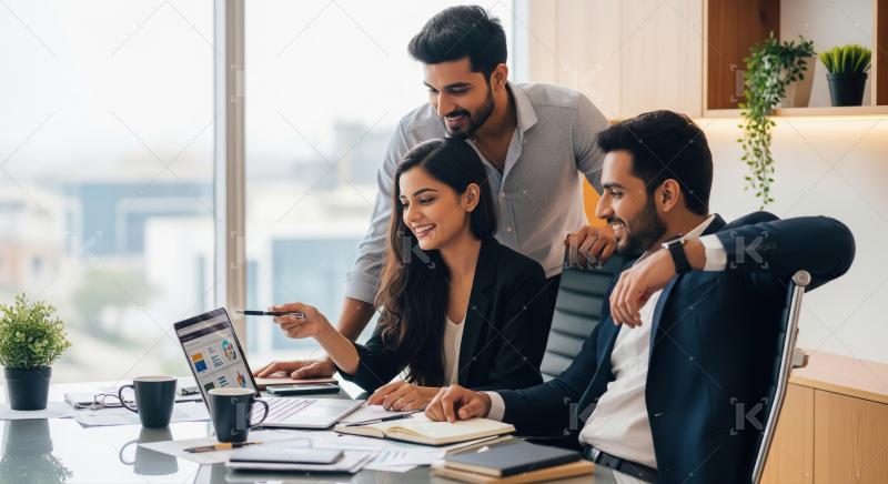 Young professionals collaborating, analyzing data on laptop in m