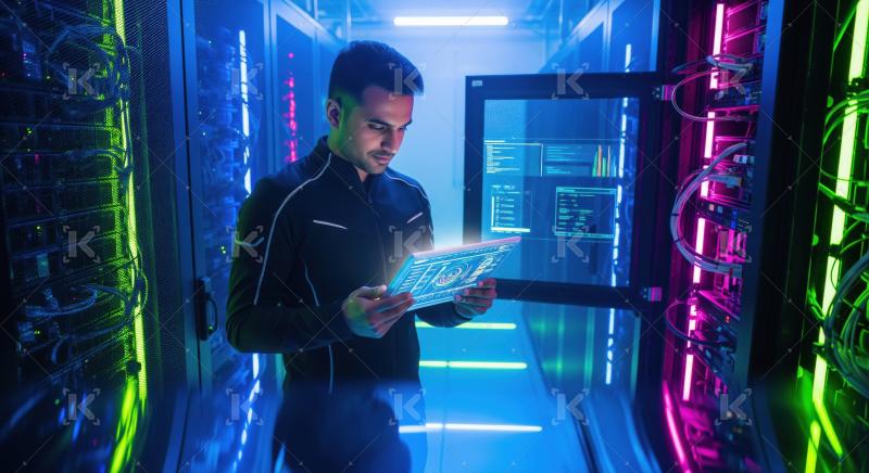 Man Using Futuristic Tablet in Neon-Lit Server Room