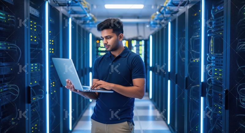 IT Professional Working with Laptop in Modern Data Center