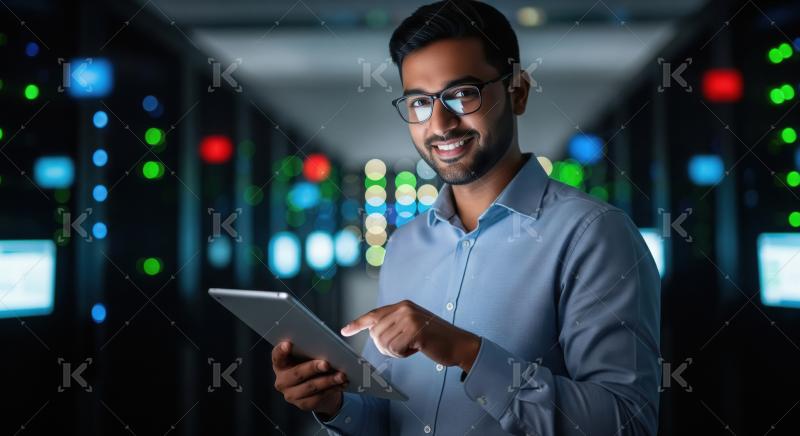 Smiling IT professional managing data center with tablet.