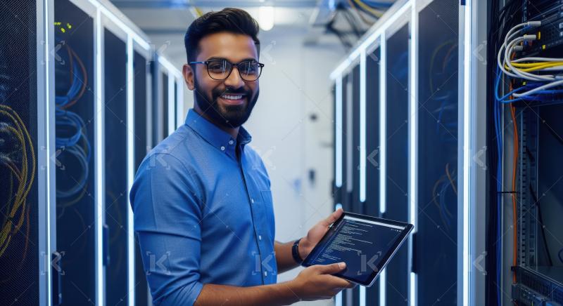 Smiling IT Engineer Man Working in Data Center with Tablet