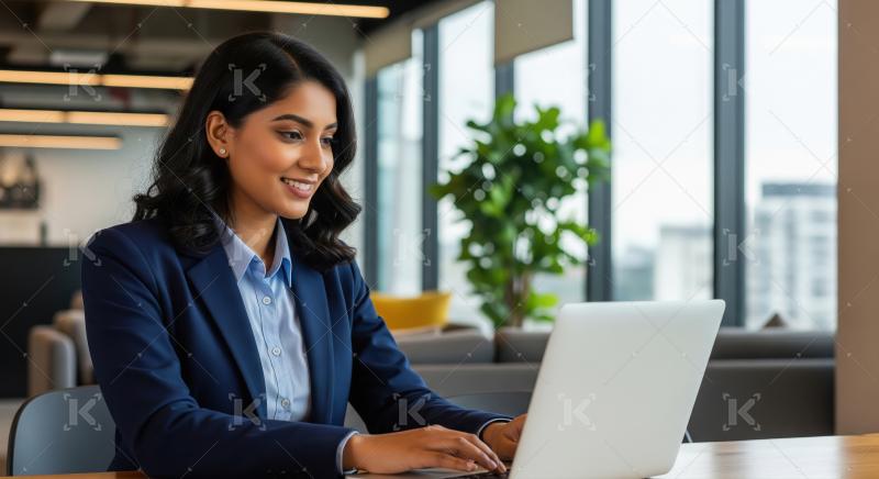 Smiling Indian Businesswoman Working on Laptop in Modern Office