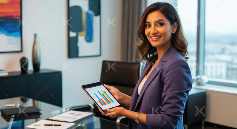 Professional woman confidently analyzes data on tablet in modern