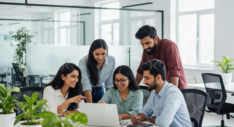 Diverse Young Professionals Collaborate on Laptop in Modern Offi