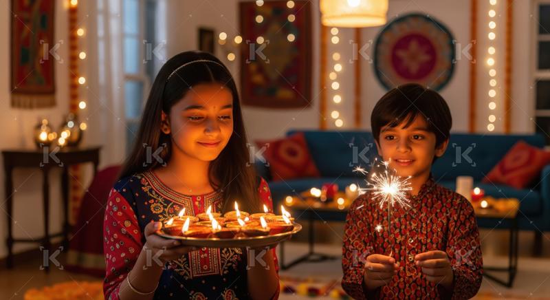 Joyful Indian Children Celebrate Diwali with Diyas and Sparkler
