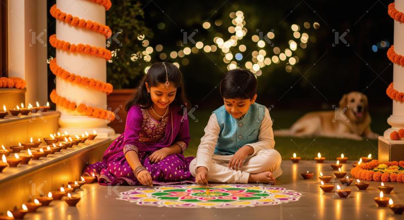 Indian children celebrating Diwali, making rangoli with glowing