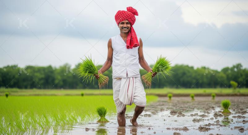 Happy Indian Farmer Holding Rice Seedlings in Paddy Field