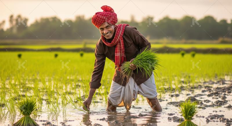 Happy Indian Farmer Planting Rice Seedlings in Flooded Paddy Fie