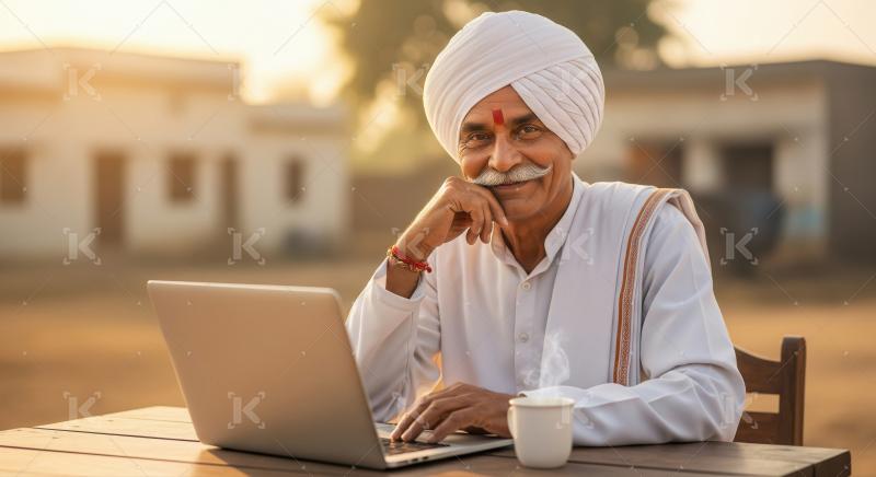 Elderly Indian man smiling using laptop in rural setting.