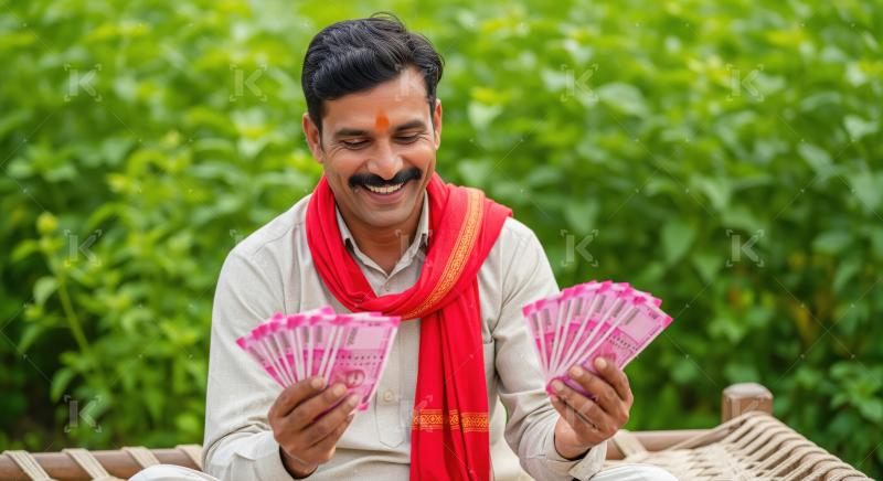Smiling Indian farmer displays currency, representing financial