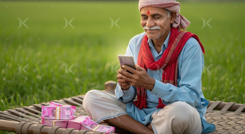 Happy Indian Farmer Using Smartphone with Cash in Field